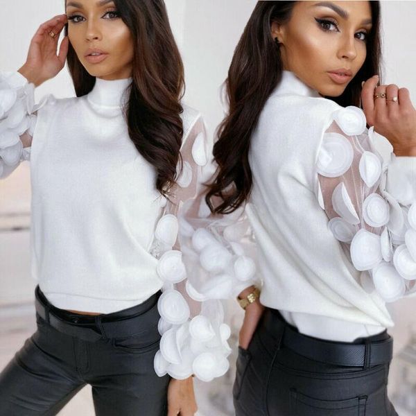 

women spring mesh puff long sleeve ribbed knitted shirt loose casual polka dots blouse elegant turtleneck party clubwear, White