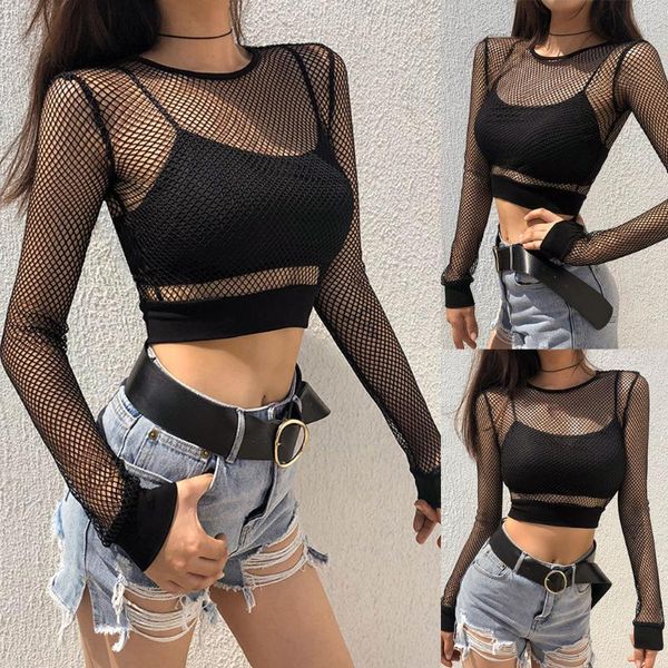 

women's t-shirt t-shirts for women mesh hollowing out solid color bottoming perspective fashion round collar long sleeve 2021, White