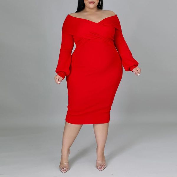 

plus size dresses elegant dress 2021 autumn winter women long sleeve ruched party fashion drape neckline club midi red 5xl, Black
