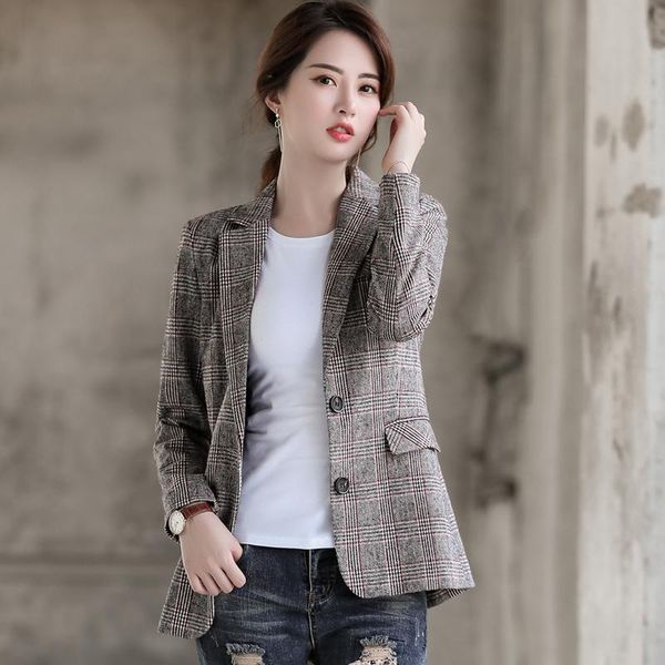 

korean style outwear chaquetas mujer print plaid autumn spring slim women blazer 2021 casual suit jacket single breasted women's suits, White;black