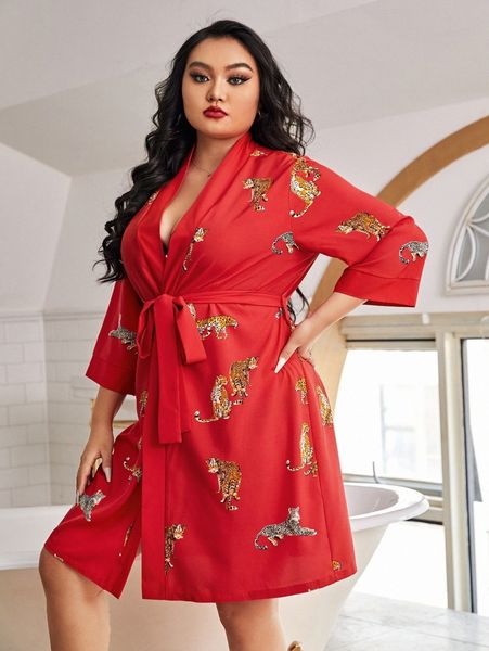 

plus leopard print belted robe without lingerie 80oo#, Black;white