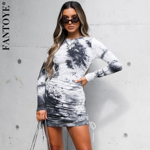 

casual dresses sheath tie-dye ruched fold drawstring women fashion long sleeve mini skinny streetwear femme vestidos wccw, Black;gray