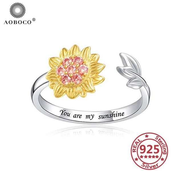 

cluster rings aoboco 925 sterling silver sunflower for women "you are my sunshine" adujstable woman's jewelry graduation gift, Golden;silver