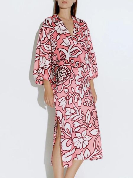 

casual dresses 2021 pink floral print long dress women elegant puff sleeve v neck slits office lady female vintage summer chic, Black;gray