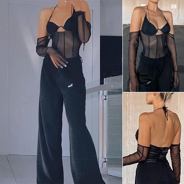 

women's fashion halter lace-up backless mesh stitching black t-shirt, White