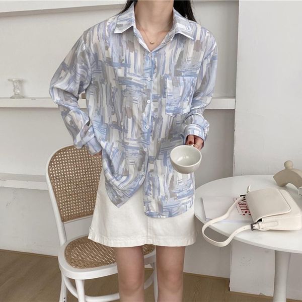 

women's blouses & shirts retro loose korean shirt tie dye print long see through chic turn-down sleeve elegant blouse female blusa, White