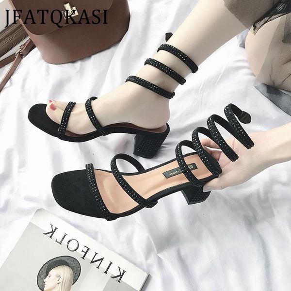 

dress shoes women sandals summer thick high heels crystal woman party brand small pepper snake shaped drill 2021, Black