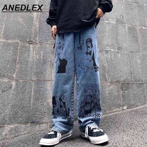 Neue Harajuku Stil Breite Bein Hosen Straße Retro Cartoon Jeans Cartoon Anime Mädchen Druck Denim Hosen 2021 Hip Hop Casual jeans G0104