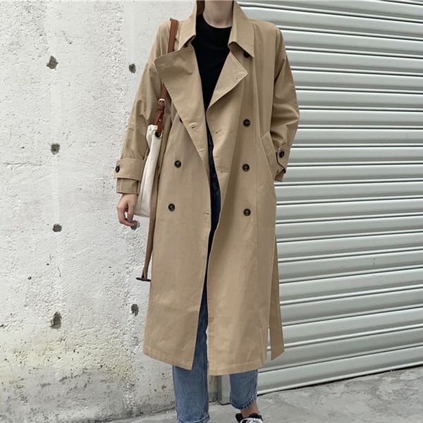 

spring minimalist ladies long-sleeved double-breasted khaki windbreaker korean style loose overcoats trench coat 210510, Tan;black