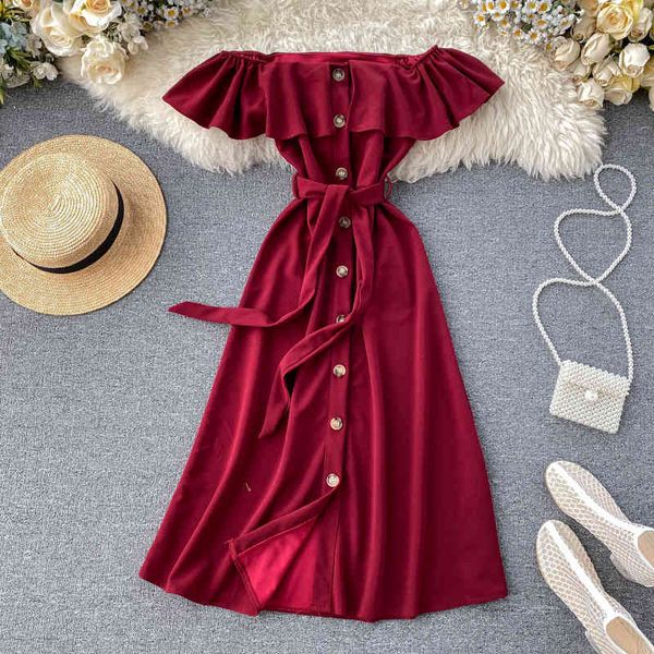 

casual dresses women fashion off-shoulder flounced single breasted high waist elegant mid-calf ladies sashes ruffles 3oa6, Black;gray