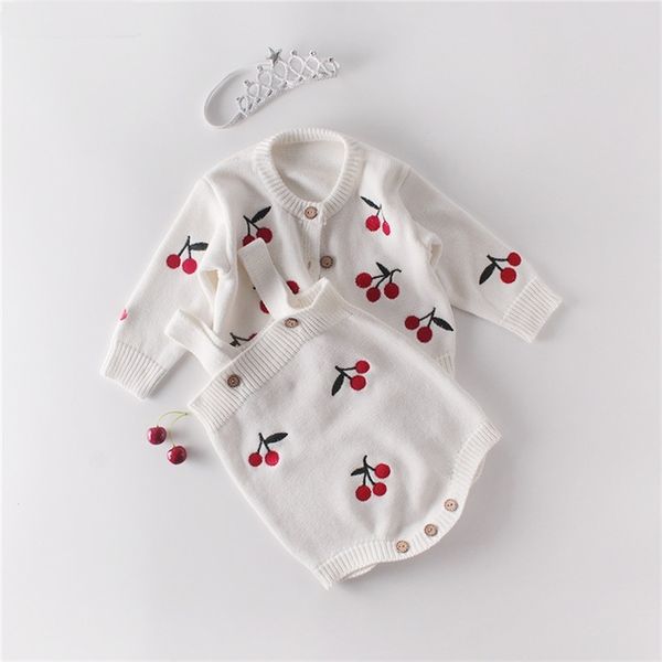 

knitted 100% cotton cherry clothes for girls infant jumpsuit baby girl romper set clothe 210315, Red;black