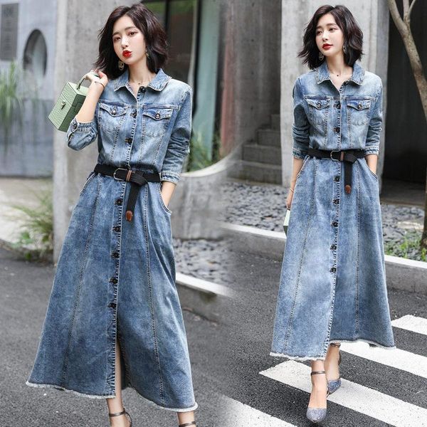 

casual dresses long dress 2021 denim sleeve vintage single breasted spring and autumn women's windbreaker shirt r013, Black;gray