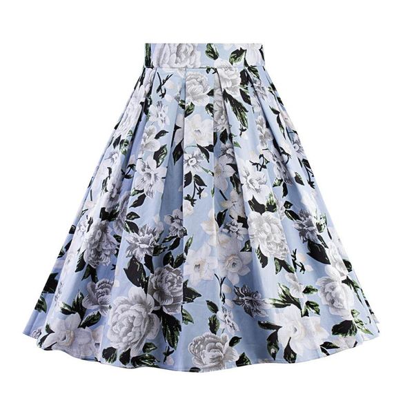 

skirts stretch party vestidos women's vintage ball gown elegant a-line floral high waist printed pleated flared midi skirt, Black