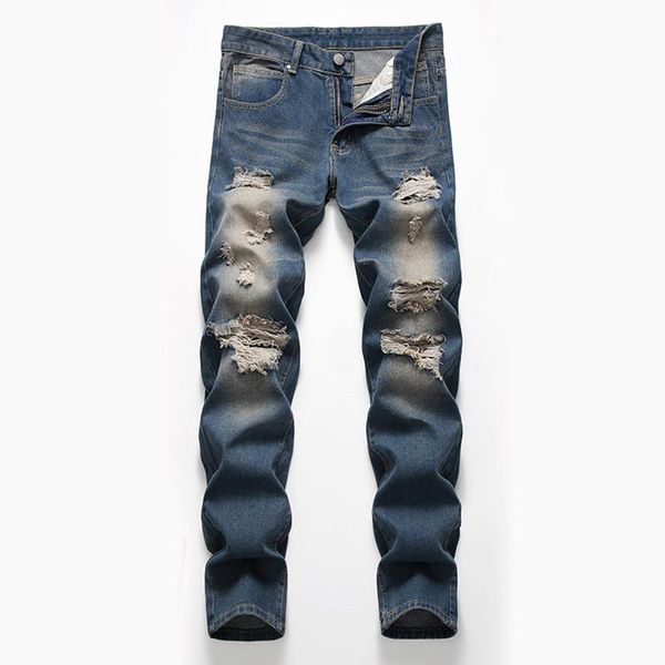 

men's jeans loose plus size straight trousers retro ripped european american, Blue