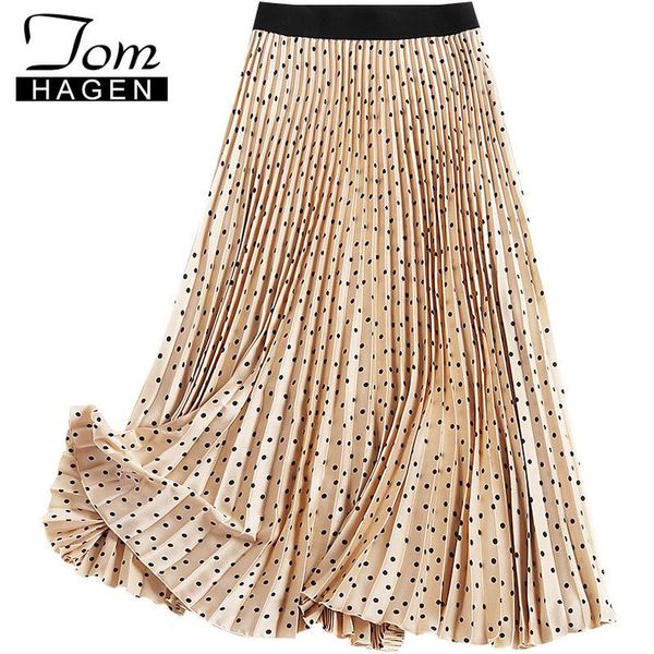 

skirts women's high waist dots print long woman casual elegant pleated female streetwear a line large swing midi skirt, Black