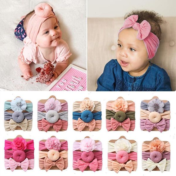 

3pcs set lovely bowknot baby girls headband turban soft flower newborn elastic hair bands headwrap nylon accessories, Slivery;white