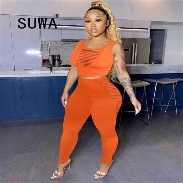 

solid color classic fashion hole loungewear women 2 pieces outfits spaghetti strap crop skinny pencil pants fitness 210525, White