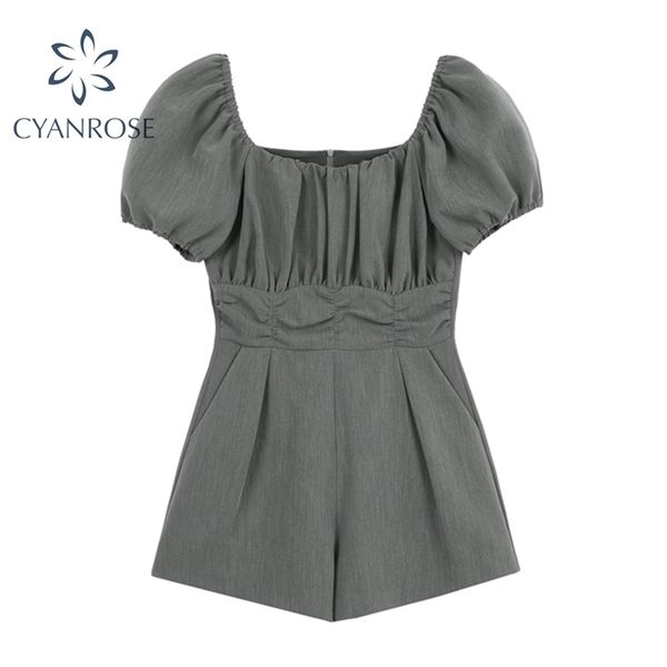 

gray shorts jumpsuits women square collar retro korean high waist slim wrinkled stylish jumpsuit office ladies clothes 210515, Black;white