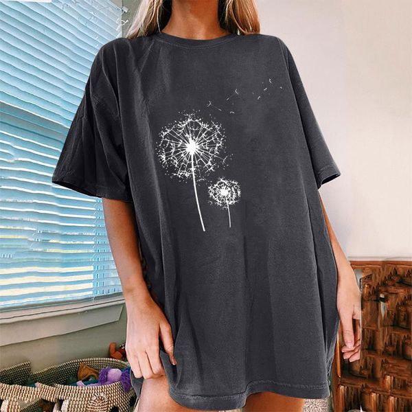 

women's t-shirt dandelion print woman t-shirts loose plus size short sleeve girl vintage pattern casual fashion summer female, White