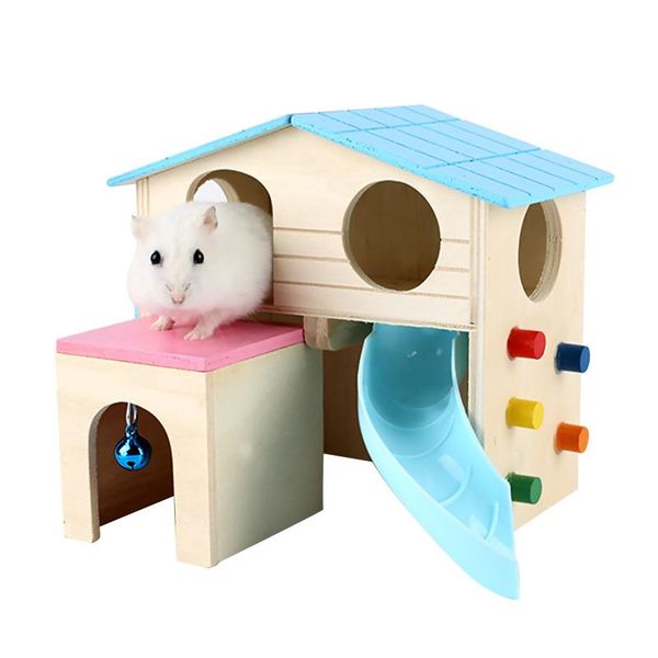 

wood hamster hideout house, small animal hut play toys with climbing ladder two layers pet cat beds & furniture