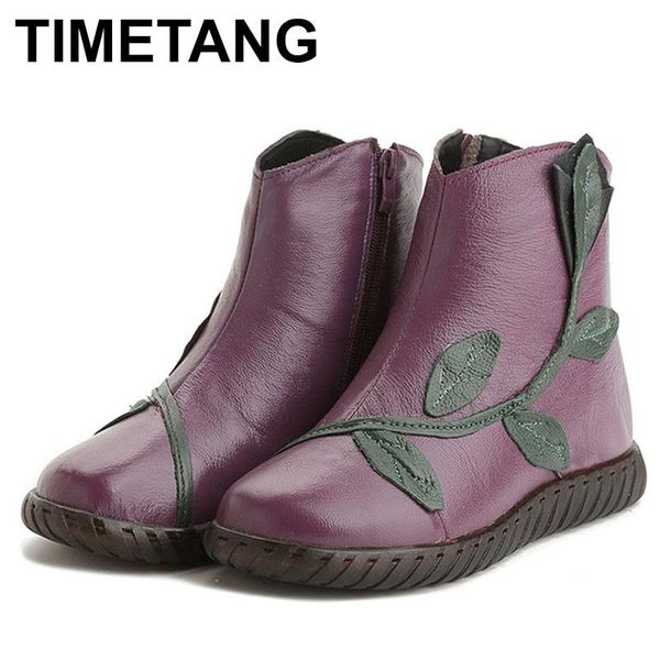 

boots timetang 2021 plush winter shoes women ankle woman genuine leather flats mother casual warm snow boot, Black