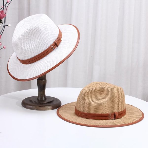 

wide brim hats 2021 fashion women's hat summer panama cap ceremony straw beach rattan weaving women spring jazz felt belt, Blue;gray