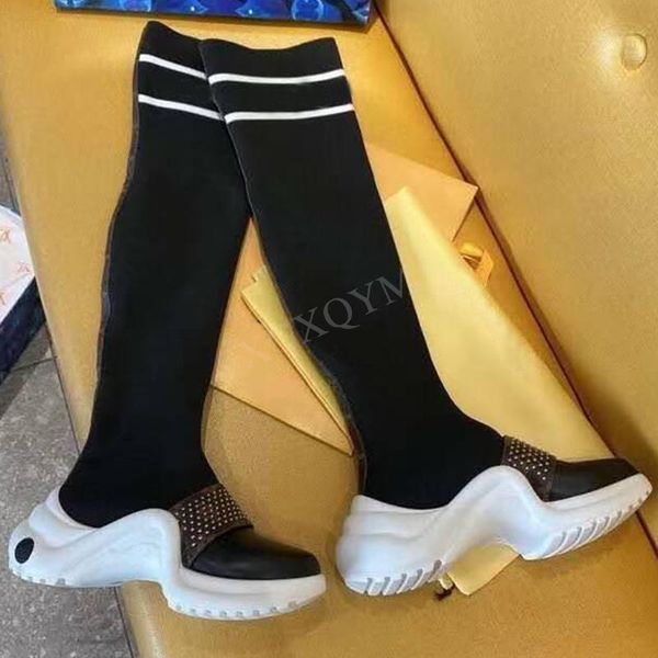 

boots women sock knee high knit stretch height increasing shoes slip on over the female botas, Black