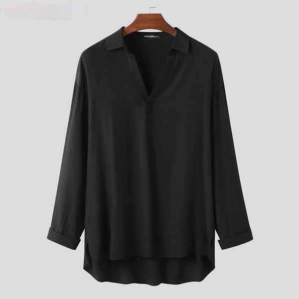 

men's casual shirts men shirt korean style streetwear long sleeve fashion brand masculina lapel solid color chic camisa s-5xl incerun, White;black