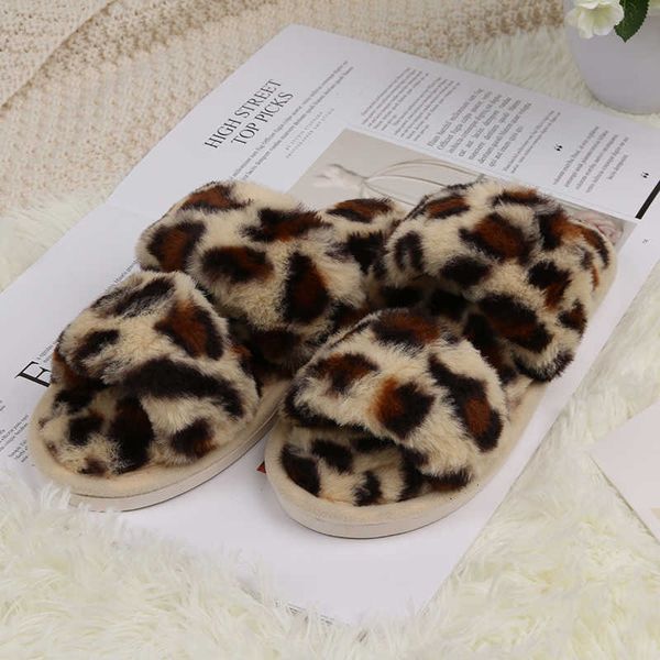 

ginchasio women slippers faux fur fluffy winter short plush leopard color open toe fuzzy cozy bedroom home furry slippers y0902, Black