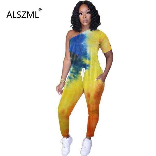 

women's jumpsuits & rompers yellow / pink fashion tie dye print women skew collar summer catsuits pockets design casual, Black;white