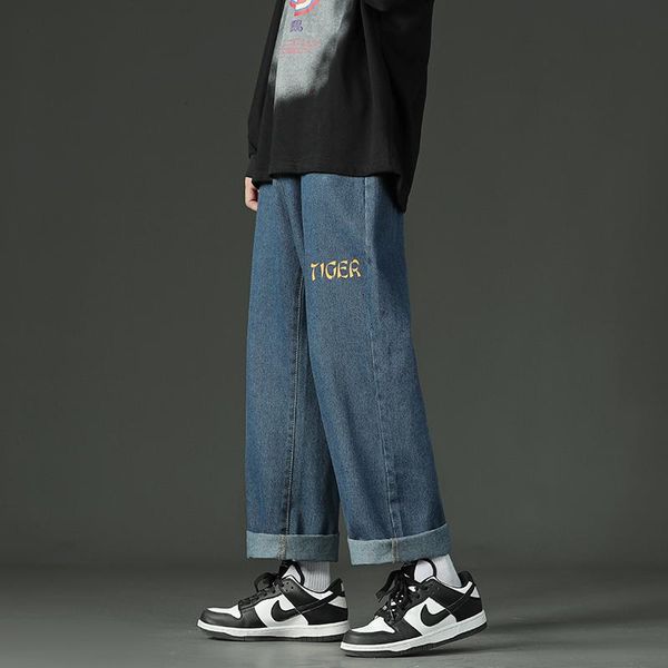 

men's jeans korean fashion streetwear blue straight baggy denim pants 2021 autumn winter baggie