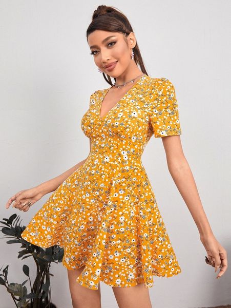 

petite v-neck ditsy floral dress o9p7#, Black;gray