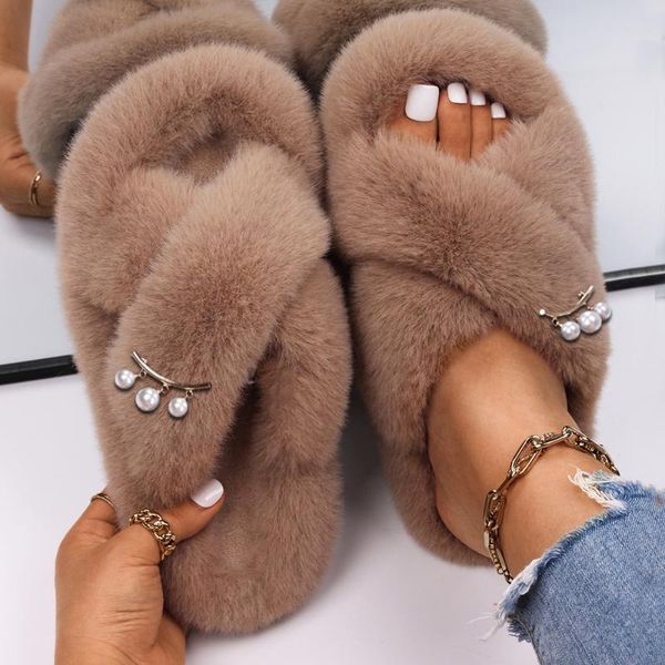 

slippers women winter cozy fluffy flip flops platform faux fur sandals indoor furry slides ladies pearl casual shoes, Black