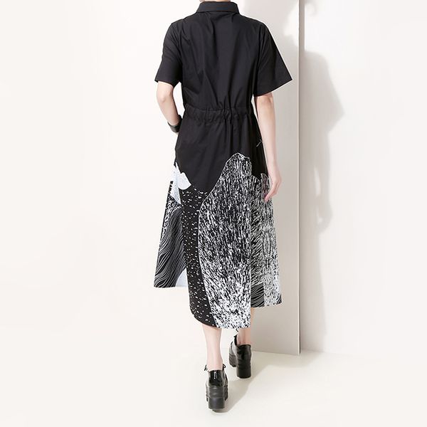 

new korean style women summer black painting long shirt dress sash printed plus size midi ladies casual vintage dress robe 5128, Black;gray