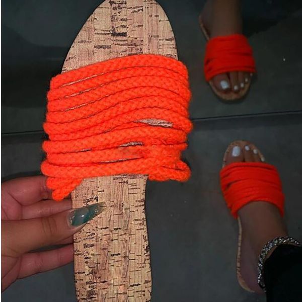 

fashion summer plus size outdoor slippers roman wind solid color rope straps flat bottom beach female, Black