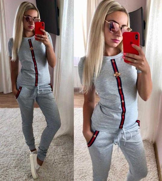 

summer fashion women printed sport suits short-sleeve shirts and pants two piece sets outfits suits tracksuits size s~xl, Gray