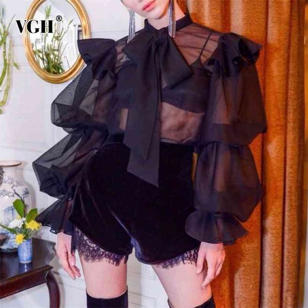 

casual leopard print chiffon blouse women lace up bow neck puff long sleeve loose female vintage fashion spring clothes 210531, White
