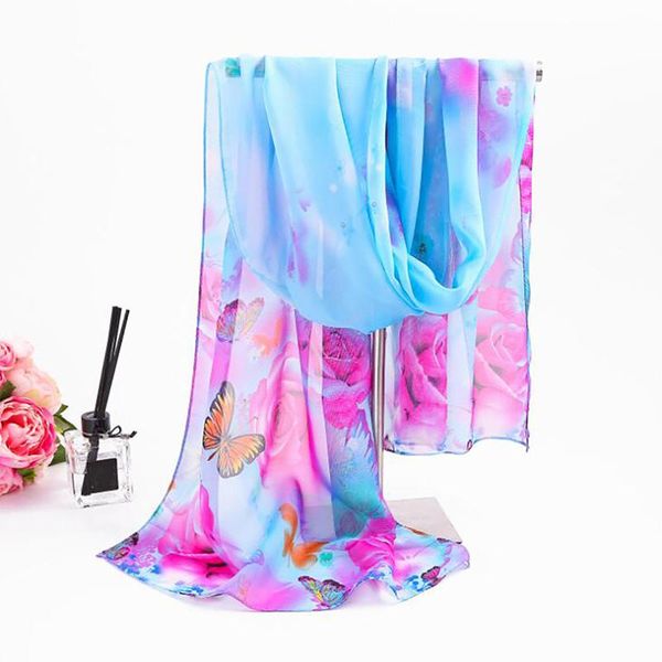 

scarves spring and summer ladies scarf flowers butterfly print silk chiffon decorative thin shawl, Blue;gray