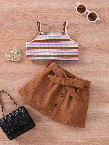 

baby colorful striped cami & fake button belted skirt she, White