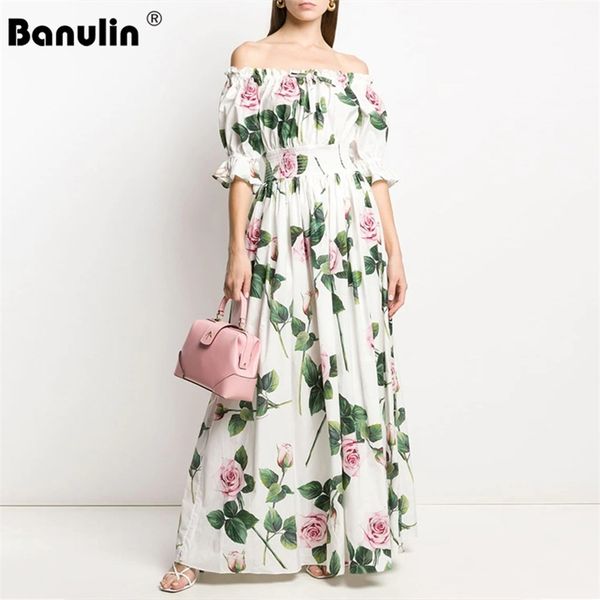

banulin summer fashion runway boho maxi dresses women's off shoulder puff sleeve flowers print holiday elegant party long dress 210603, Black;gray
