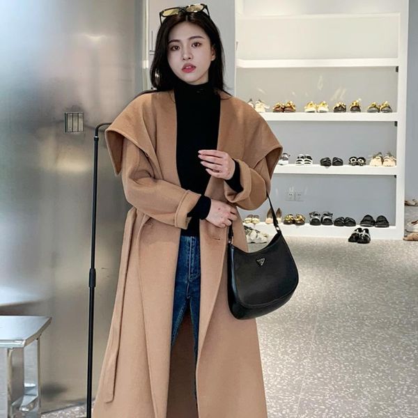 

women's wool & blends ladies korean chic autumn fashionable elegant big lapel loose cardigan long double side cashmere blend coat with, Black