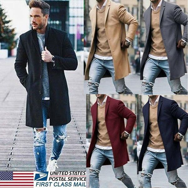 

men's wool & blends 2021 fashion coat autumn winter british noble trench outwear decent overcoat long sleeve button up jacket top, Black