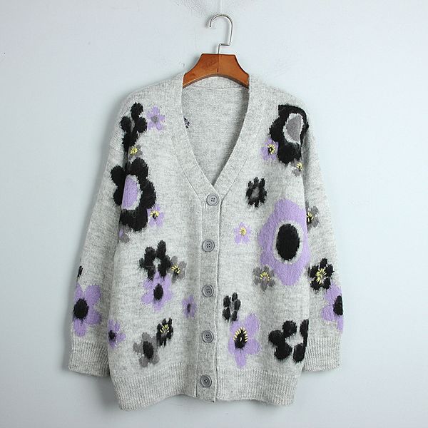 

knits autumn mohair women contrast floral jacquard cardigan v-neck single breasted sweater thin knitted coat, White