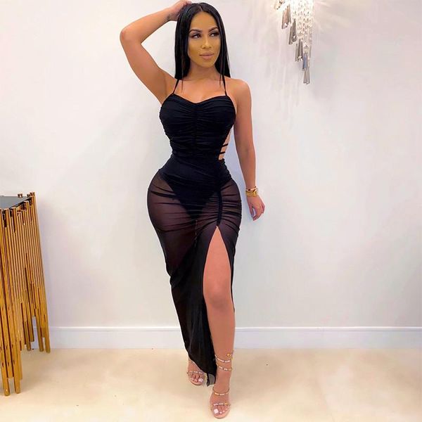 

summer women mesh bodycon bandage dress spaghetti strap high split club celebrity evening party maxi dresses ruched vestido casual, Black;gray