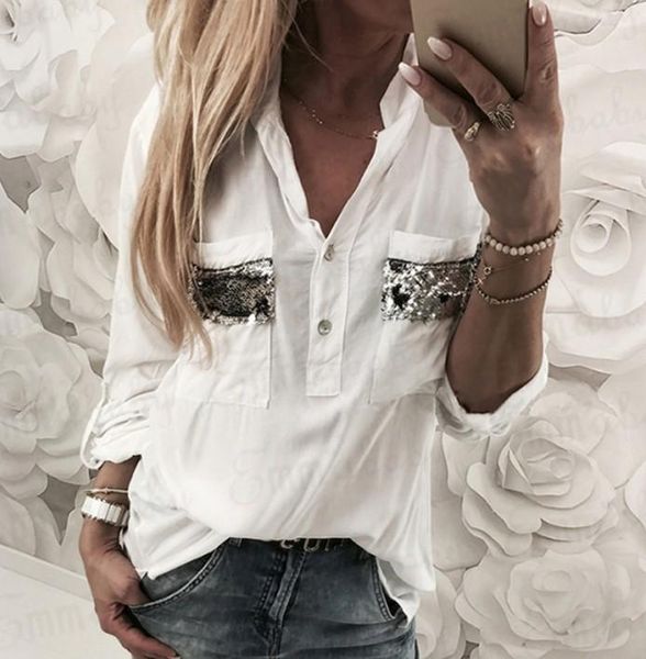 

women's blouses & shirts 2021 women white blouse long sleeve button-down low cut casual shirt fashion clothes