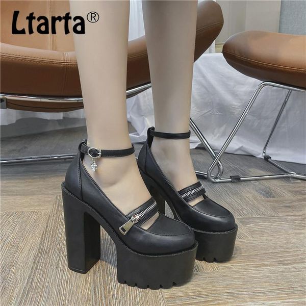 

dress shoes ltarta 2021 spring thick-heeled platform women's patent leather zipper buckle high heel fashion single, Black