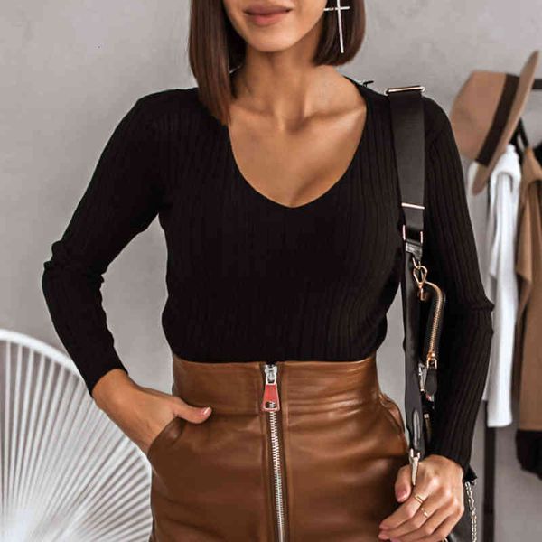 

knits elegant deep v-neck knitted rib blouse shirt women spring fashion casual solid color long sleeve female slim streetwear co6e gzw1, White