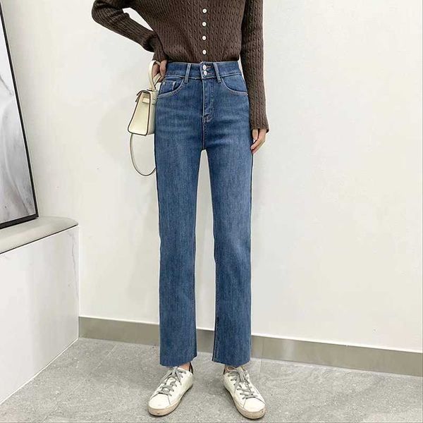 

fashion jeans korean women's clothing autumn and winter 2021 high waist two button plush denim straight pants for women, Blue