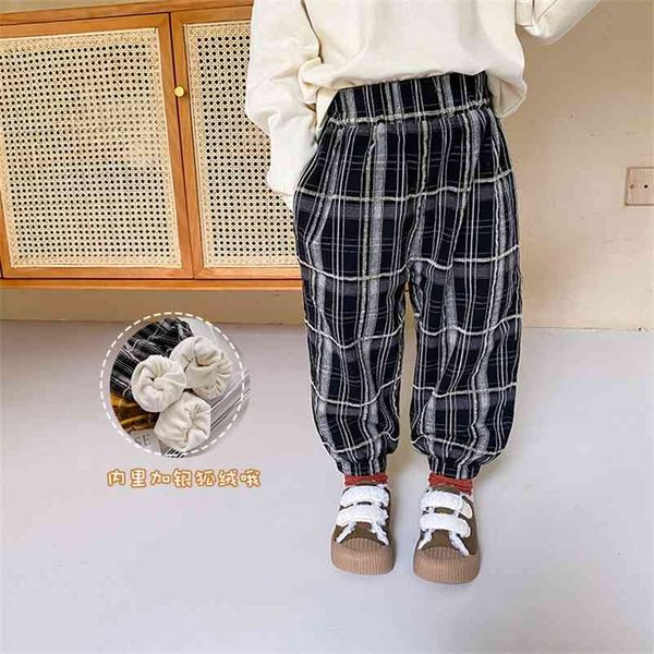 

winter kids fashion plush inside warm plaid ankle-tied pants boys and girls thick 2 colors trousers 210508, Blue