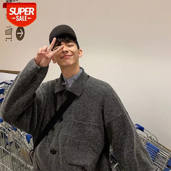 

2020 winter men's loose big pocket cardigan keep warm wool sweaters lapel collar clothes cashmere knitting grey/black coats #6q6s, White;black
